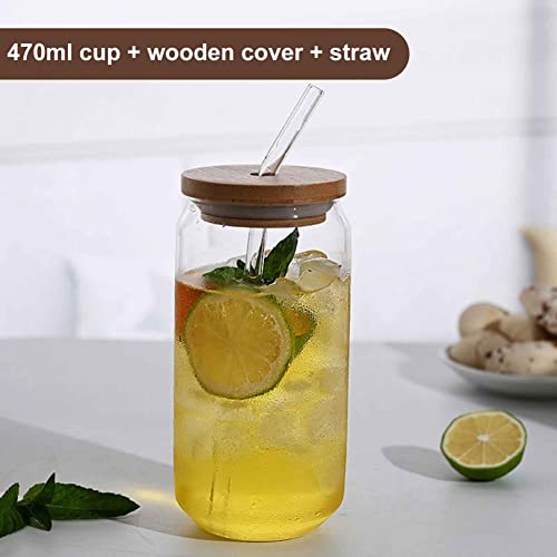 Renococo Beer Can Glass with Bamboo Lids and Glass Straws, 2 Pack 16oz Drinking Glasses,Can Shaped Glass Cups,Iced Coffee Cup, Beer Glasses,Clear Glass Cup Ideal for Water, Soda,Tea,Wine