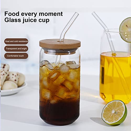 Renococo Beer Can Glass with Bamboo Lids and Glass Straws, 2 Pack 16oz Drinking Glasses,Can Shaped Glass Cups,Iced Coffee Cup, Beer Glasses,Clear Glass Cup Ideal for Water, Soda,Tea,Wine