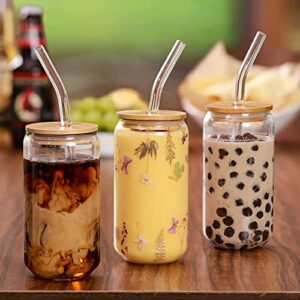 Renococo Beer Can Glass with Bamboo Lids and Glass Straws, 2 Pack 16oz Drinking Glasses,Can Shaped Glass Cups,Iced Coffee Cup, Beer Glasses,Clear Glass Cup Ideal for Water, Soda,Tea,Wine