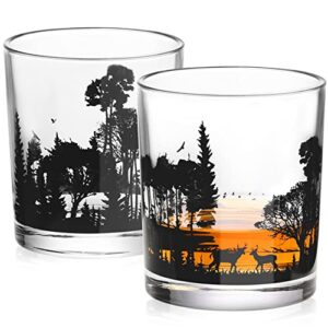 RorAem Whiskey Glasses - Forest Deer Whiskey Glasses Set of 2 - Handmade Unique Whiskey Gifts for Men Crystal Bourbon Glasses Rocks Glass Cabin Decor - Forest Animal Landscape