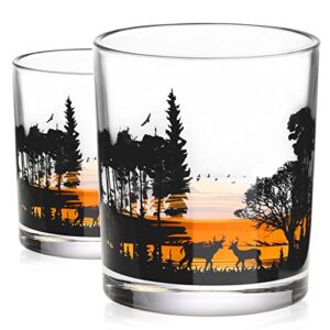roraem whiskey glasses - forest deer whiskey glasses set of 2 - handmade unique whiskey gifts for men crystal bourbon glasses rocks glass cabin decor - forest animal landscape