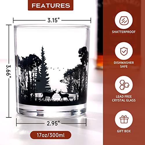 RorAem Whiskey Glasses - Forest Deer Whiskey Glasses Set of 2 - Handmade Unique Whiskey Gifts for Men Crystal Bourbon Glasses Rocks Glass Cabin Decor - Forest Animal Landscape