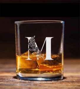 floral monogram ' m ' whiskey glass - letter a-z engraved - stemless whiskey glass - gifts for dad - mother's day - gift for mom - gifts for coworkers