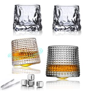 lemoyee whiskey glasses- rotatable set with golden rim for perfect idea for scotch lovers,style glassware for bourbon,clear set of 4