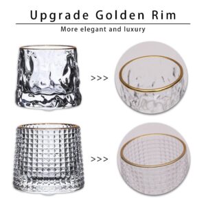 LEMOYEE Whiskey Glasses- Rotatable Set with Golden Rim For Perfect Idea for Scotch Lovers,Style Glassware for Bourbon,Clear Set of 4