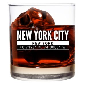 new york city coordinate whiskey glass 11oz- cool nyc souvenir or gift for ny fan. old fashioned, rocks glass. i love new york souvenirs- dishwasher safe, non-toxic, organic ink printed in usa