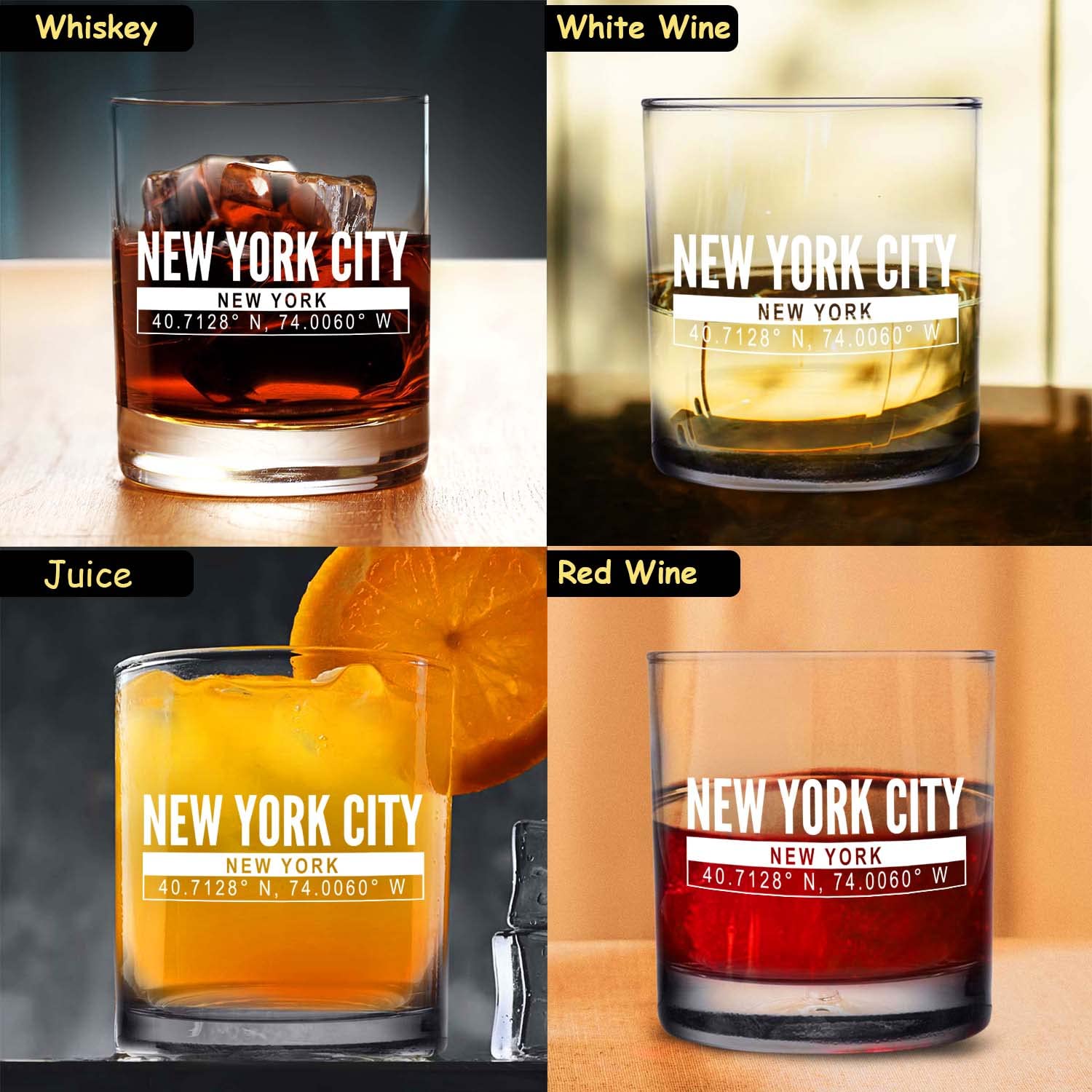 New York City Coordinate Whiskey Glass 11oz- Cool NYC Souvenir or gift for NY fan. Old Fashioned, Rocks Glass. I Love New York Souvenirs- Dishwasher Safe, Non-Toxic, Organic Ink Printed in USA