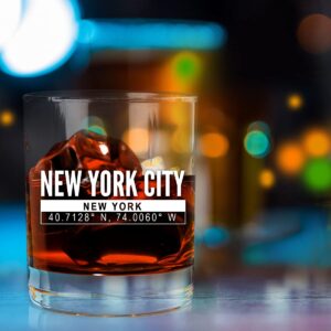 New York City Coordinate Whiskey Glass 11oz- Cool NYC Souvenir or gift for NY fan. Old Fashioned, Rocks Glass. I Love New York Souvenirs- Dishwasher Safe, Non-Toxic, Organic Ink Printed in USA