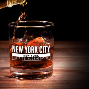 New York City Coordinate Whiskey Glass 11oz- Cool NYC Souvenir or gift for NY fan. Old Fashioned, Rocks Glass. I Love New York Souvenirs- Dishwasher Safe, Non-Toxic, Organic Ink Printed in USA