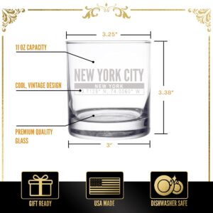 New York City Coordinate Whiskey Glass 11oz- Cool NYC Souvenir or gift for NY fan. Old Fashioned, Rocks Glass. I Love New York Souvenirs- Dishwasher Safe, Non-Toxic, Organic Ink Printed in USA