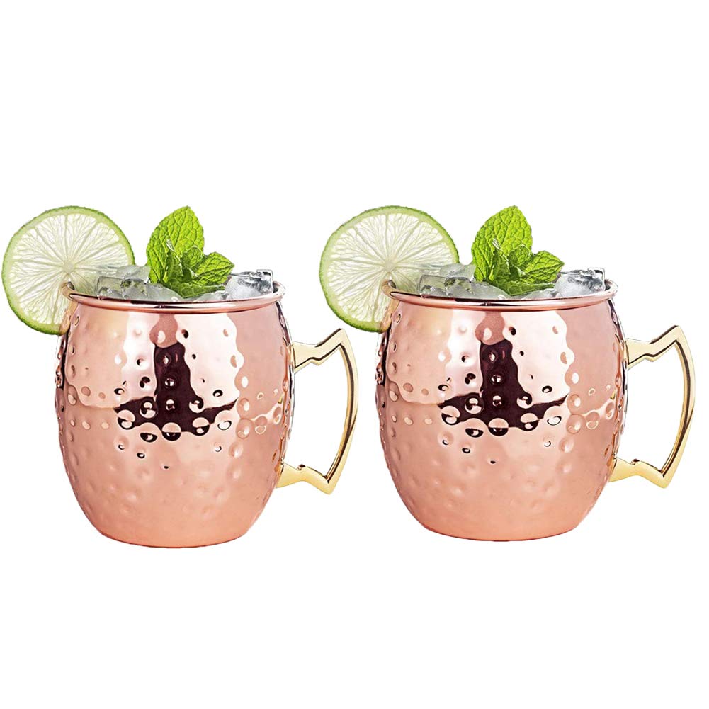 HOMEE Moscow Mule Copper Mugs - Mule Cups Set of 2-16 Ounce Handcrafted Copper Cups - Food Safe Hammered Copper Mug For Mules