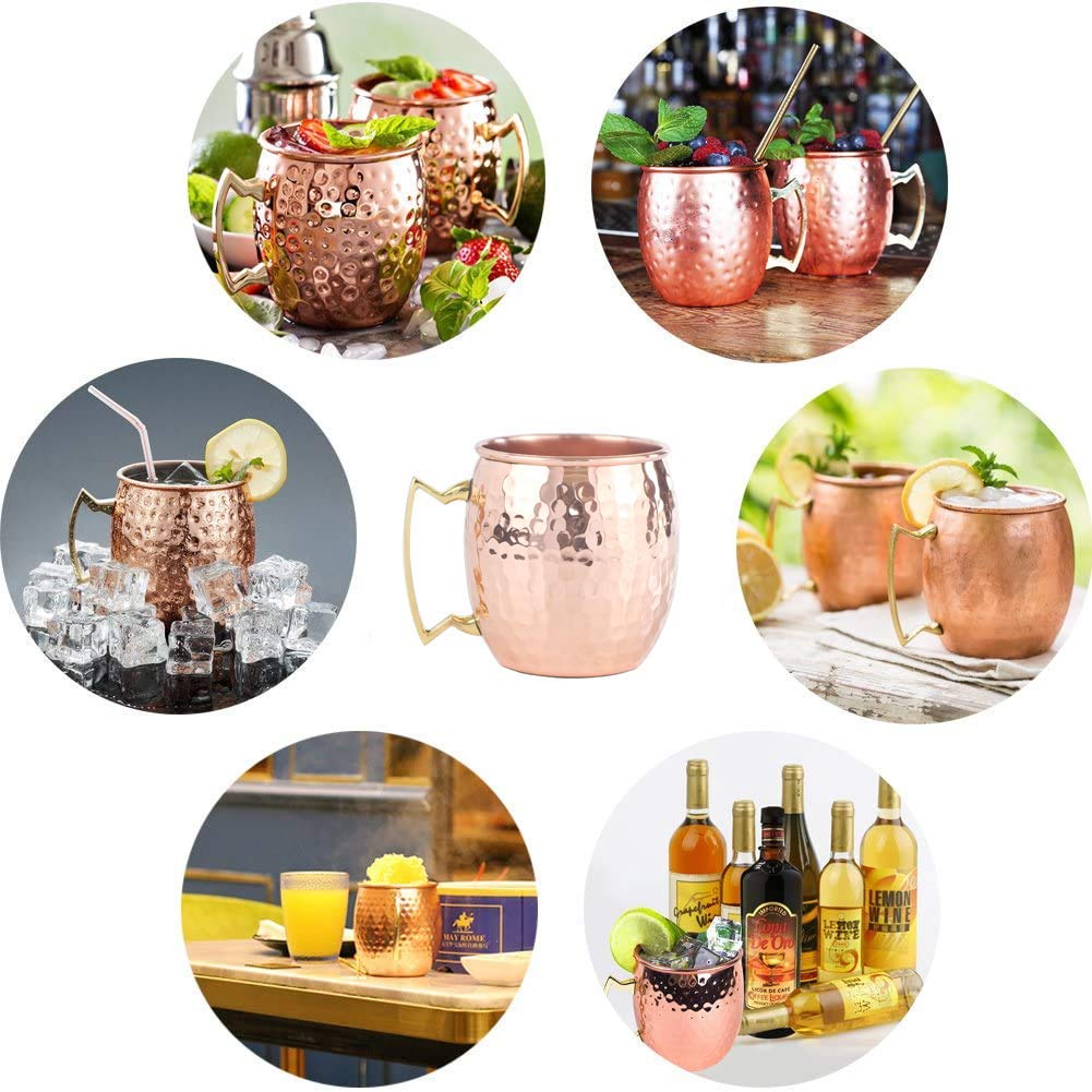 HOMEE Moscow Mule Copper Mugs - Mule Cups Set of 2-16 Ounce Handcrafted Copper Cups - Food Safe Hammered Copper Mug For Mules