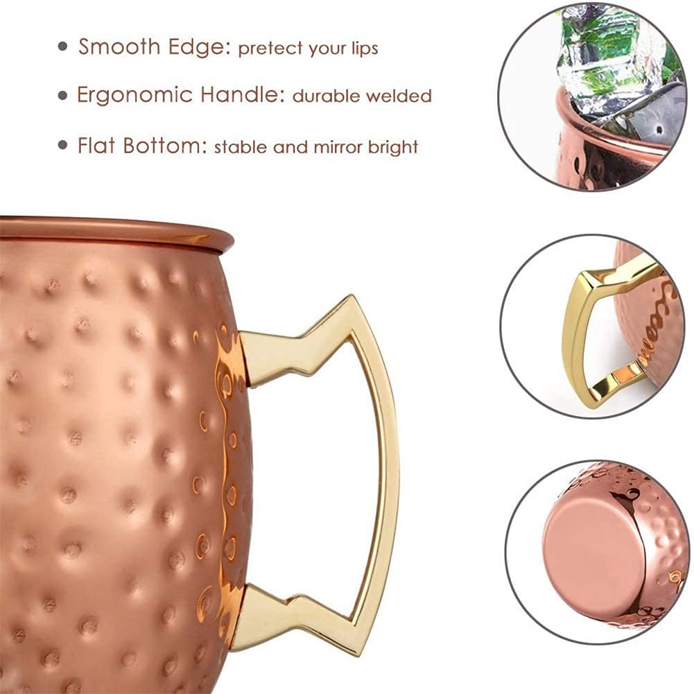 HOMEE Moscow Mule Copper Mugs - Mule Cups Set of 2-16 Ounce Handcrafted Copper Cups - Food Safe Hammered Copper Mug For Mules