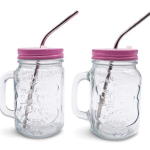 Home Suave Mason Jar Mugs with Handle, Regular Mouth, Colorful Lids with 2 Reusable Stainless Steel Straw, Set of 2 (Pink), Kitchen Glass 16 oz Jars,Refreshing Ice Cold Drink & Dishwasher Safe