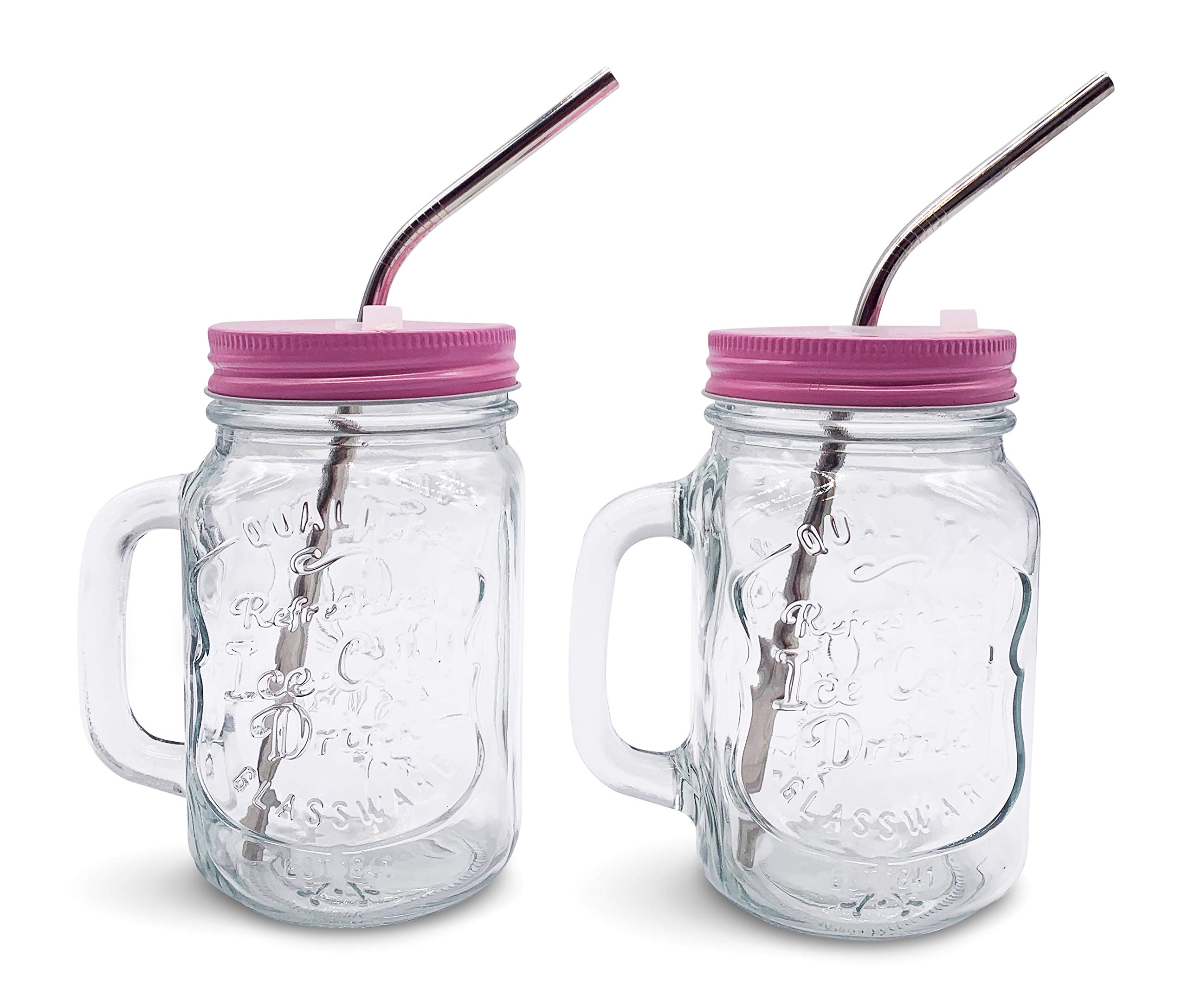 Home Suave Mason Jar Mugs with Handle, Regular Mouth, Colorful Lids with 2 Reusable Stainless Steel Straw, Set of 2 (Pink), Kitchen Glass 16 oz Jars,Refreshing Ice Cold Drink & Dishwasher Safe