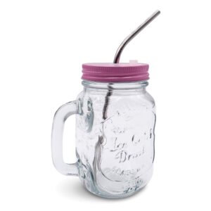 Home Suave Mason Jar Mugs with Handle, Regular Mouth, Colorful Lids with 2 Reusable Stainless Steel Straw, Set of 2 (Pink), Kitchen Glass 16 oz Jars,Refreshing Ice Cold Drink & Dishwasher Safe