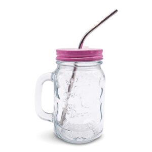 Home Suave Mason Jar Mugs with Handle, Regular Mouth, Colorful Lids with 2 Reusable Stainless Steel Straw, Set of 2 (Pink), Kitchen Glass 16 oz Jars,Refreshing Ice Cold Drink & Dishwasher Safe