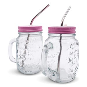 Home Suave Mason Jar Mugs with Handle, Regular Mouth, Colorful Lids with 2 Reusable Stainless Steel Straw, Set of 2 (Pink), Kitchen Glass 16 oz Jars,Refreshing Ice Cold Drink & Dishwasher Safe