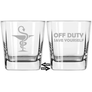 mip brand 12 oz square base rocks whiskey double old fashioned glass two sided pharmacist pharmacy off duty save yourself