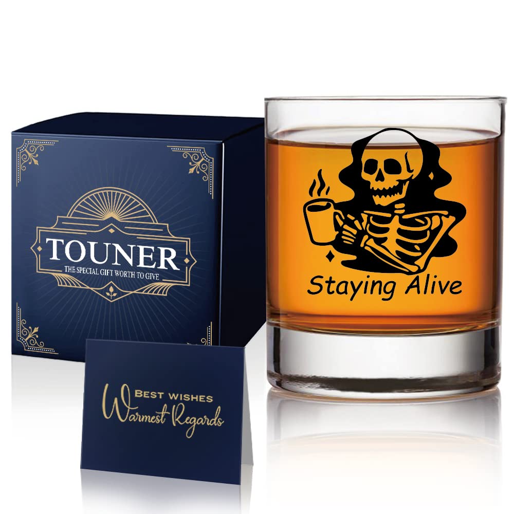 TOUNER Staying Alive Whiskey Glasses, Halloween Skull Whiskey Glass, Funny Birthday Gifts For Men, Funny Gift For Husband Dads Grandpa, Unique Gift For Men, Halloween Christmas Gift For Her Him