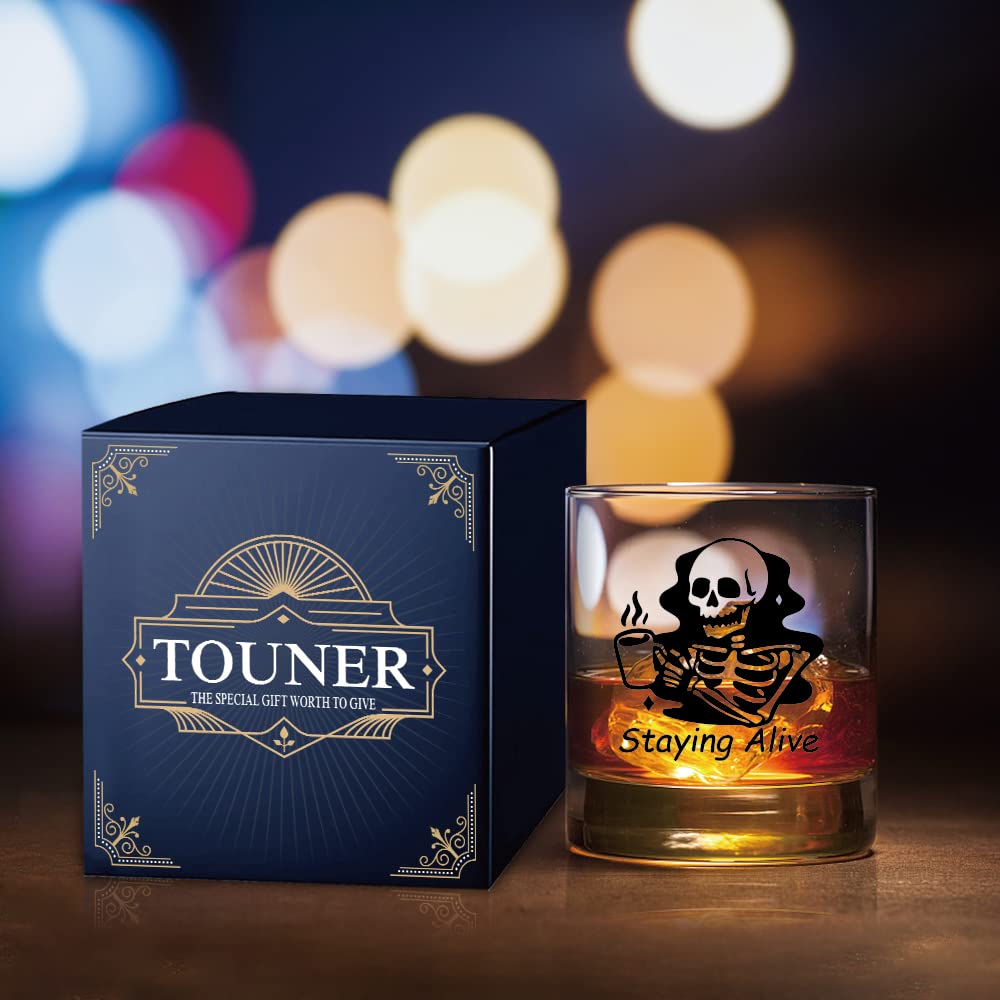 TOUNER Staying Alive Whiskey Glasses, Halloween Skull Whiskey Glass, Funny Birthday Gifts For Men, Funny Gift For Husband Dads Grandpa, Unique Gift For Men, Halloween Christmas Gift For Her Him