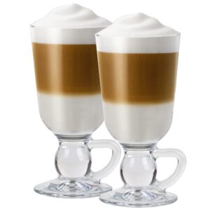 JAIRESTONE Glass Irish Coffee Glass Set with Handle, Footed Design Clear Latte Glasses, Cappuccino, Hot Cold Beverage Mug, 9.25fl oz Set of 2