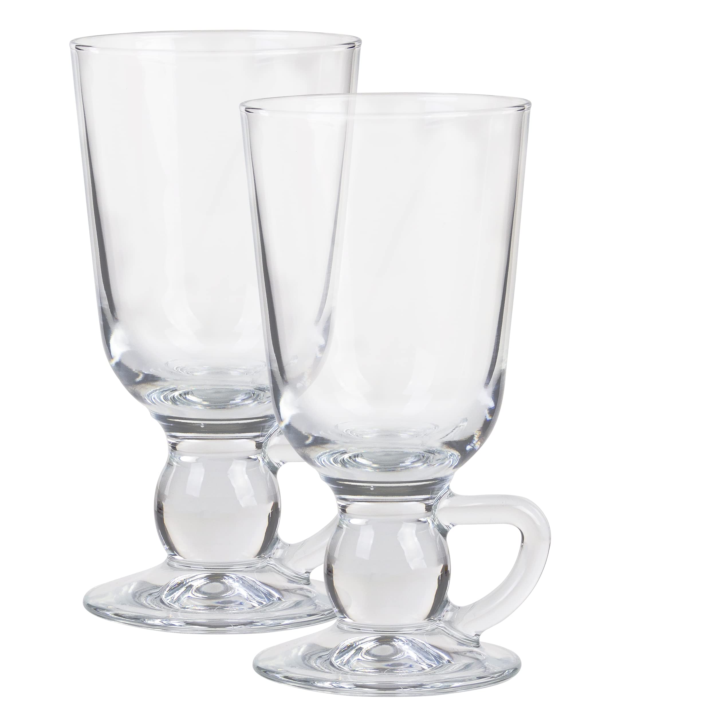 JAIRESTONE Glass Irish Coffee Glass Set with Handle, Footed Design Clear Latte Glasses, Cappuccino, Hot Cold Beverage Mug, 9.25fl oz Set of 2