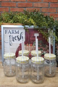 sunshine mason co. glass mason jar set with yellow gingham lids and white straws, set of 6
