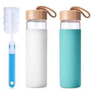 yomious 20oz borosilicate glass water bottle with bamboo lid and silicone sleeve – reusable bpa free – glass drinking bottle with lids - bundle of 2