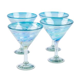novica artisan handblown martini turquoise white from mexico tableware drinkware recycled 'waves of glamour'(set of 4)