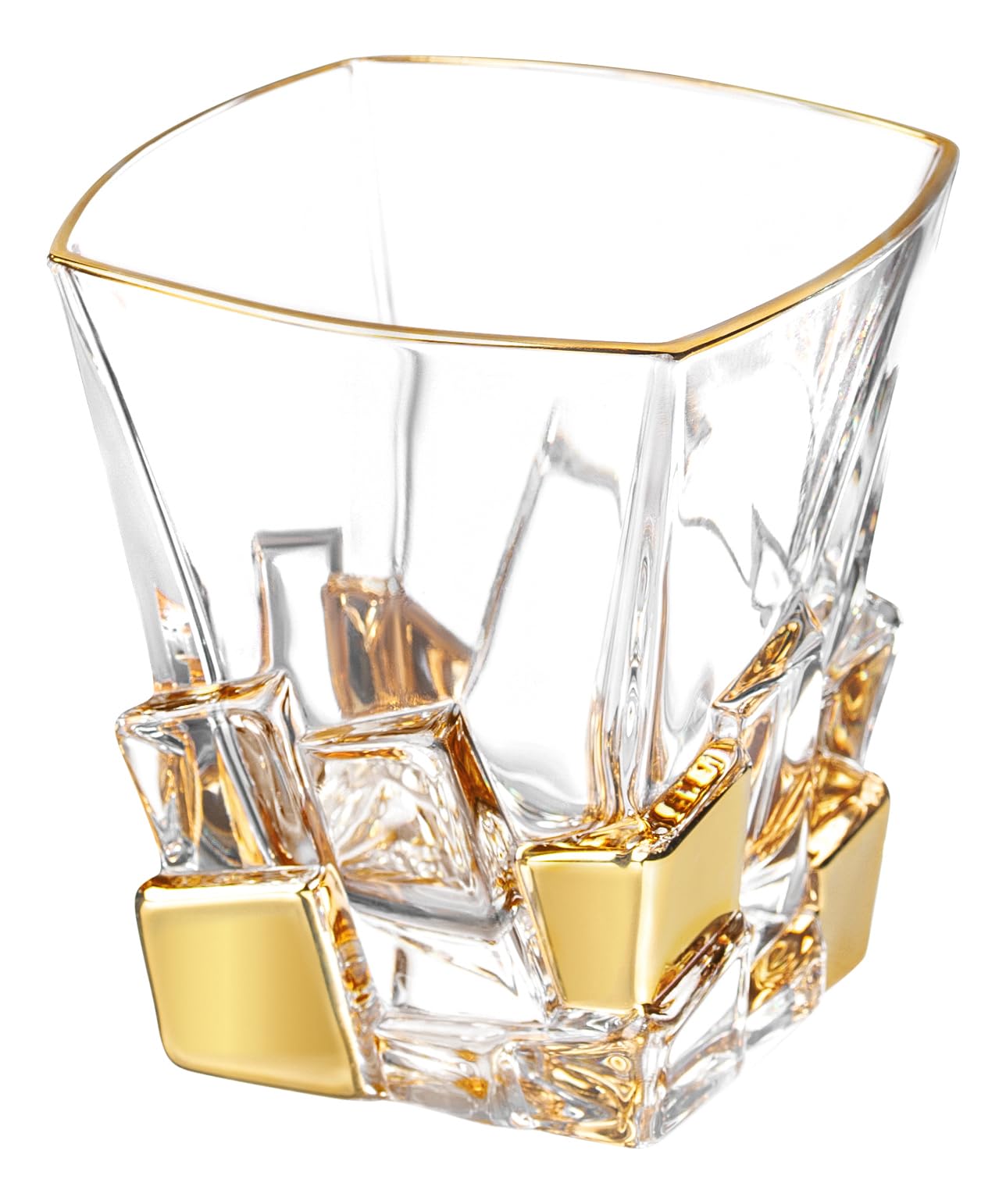 Barski - European Quality Glass - Crystal - Set of 6 - Square Shaped - Double Old Fashioned Tumblers - DOF - 11.7 oz. - with Gold Ice Cubes Design - Glasses are Made in Europe