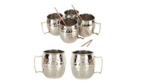 jypr complete moscow mule mugs 8pc set - large 18oz hammered steel mugs with gold brass handles - includes 4x copper straws - food grade safe steel interior