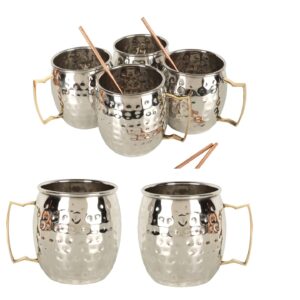 JYPR Complete Moscow Mule Mugs 8pc Set - Large 18oz Hammered Steel Mugs with Gold Brass Handles - Includes 4X Copper Straws - Food Grade Safe Steel Interior