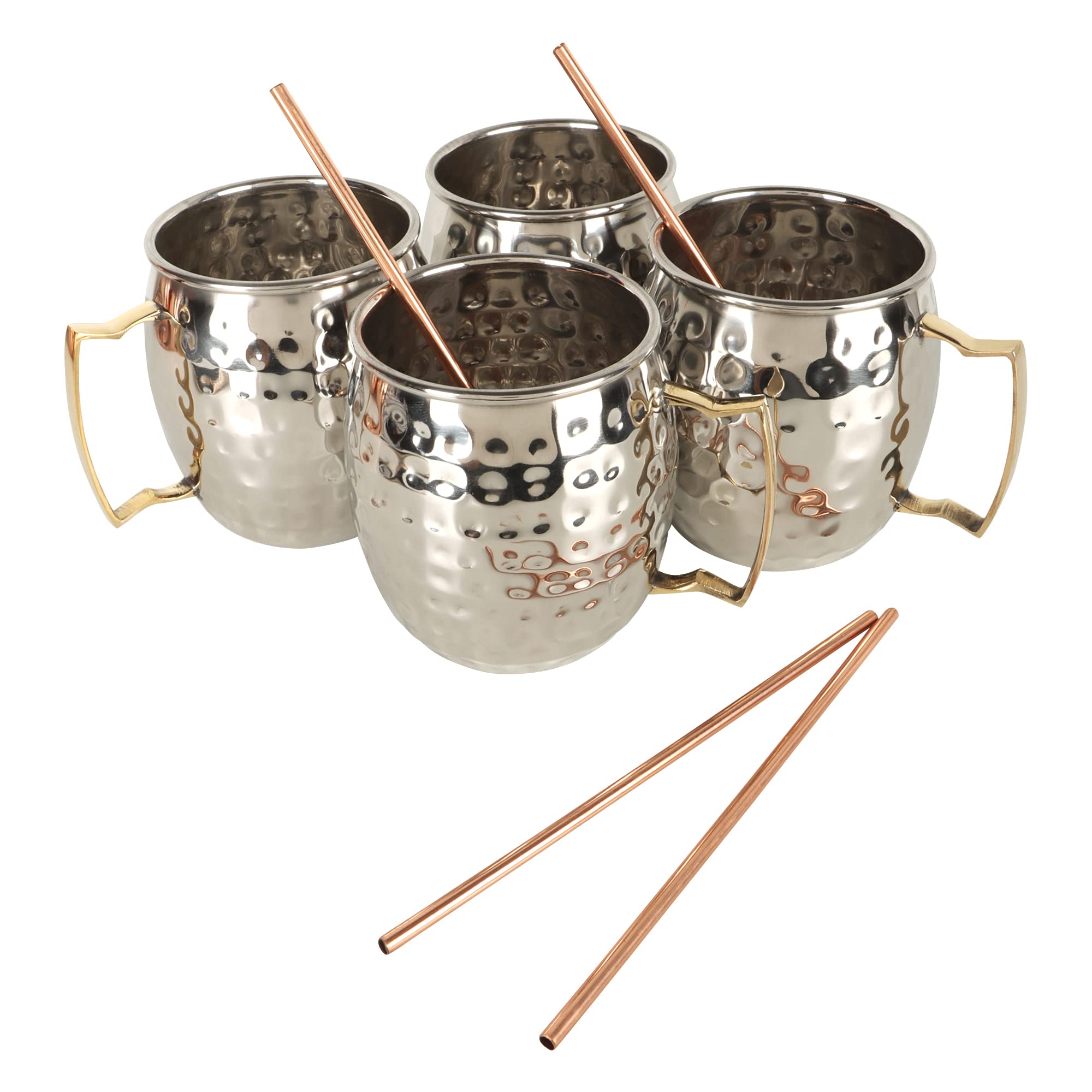 JYPR Complete Moscow Mule Mugs 8pc Set - Large 18oz Hammered Steel Mugs with Gold Brass Handles - Includes 4X Copper Straws - Food Grade Safe Steel Interior
