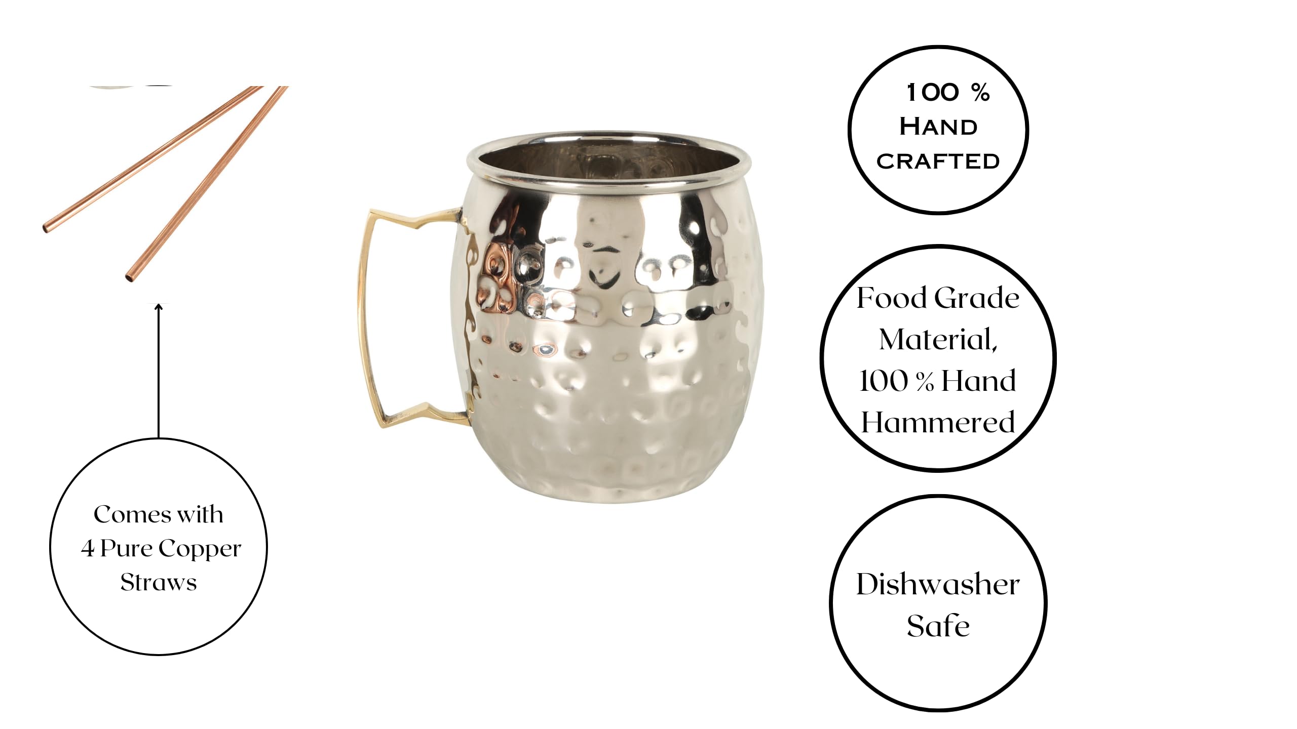 JYPR Complete Moscow Mule Mugs 8pc Set - Large 18oz Hammered Steel Mugs with Gold Brass Handles - Includes 4X Copper Straws - Food Grade Safe Steel Interior