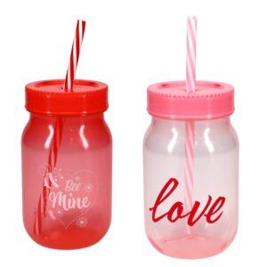 gcm valentine's day plastic pint jar tumbler with lids & straw 16oz red pink reusable cups for kids adults drinking cup water smoothies juice bottle indoor outdoor use & gifts set of 2 designs vary