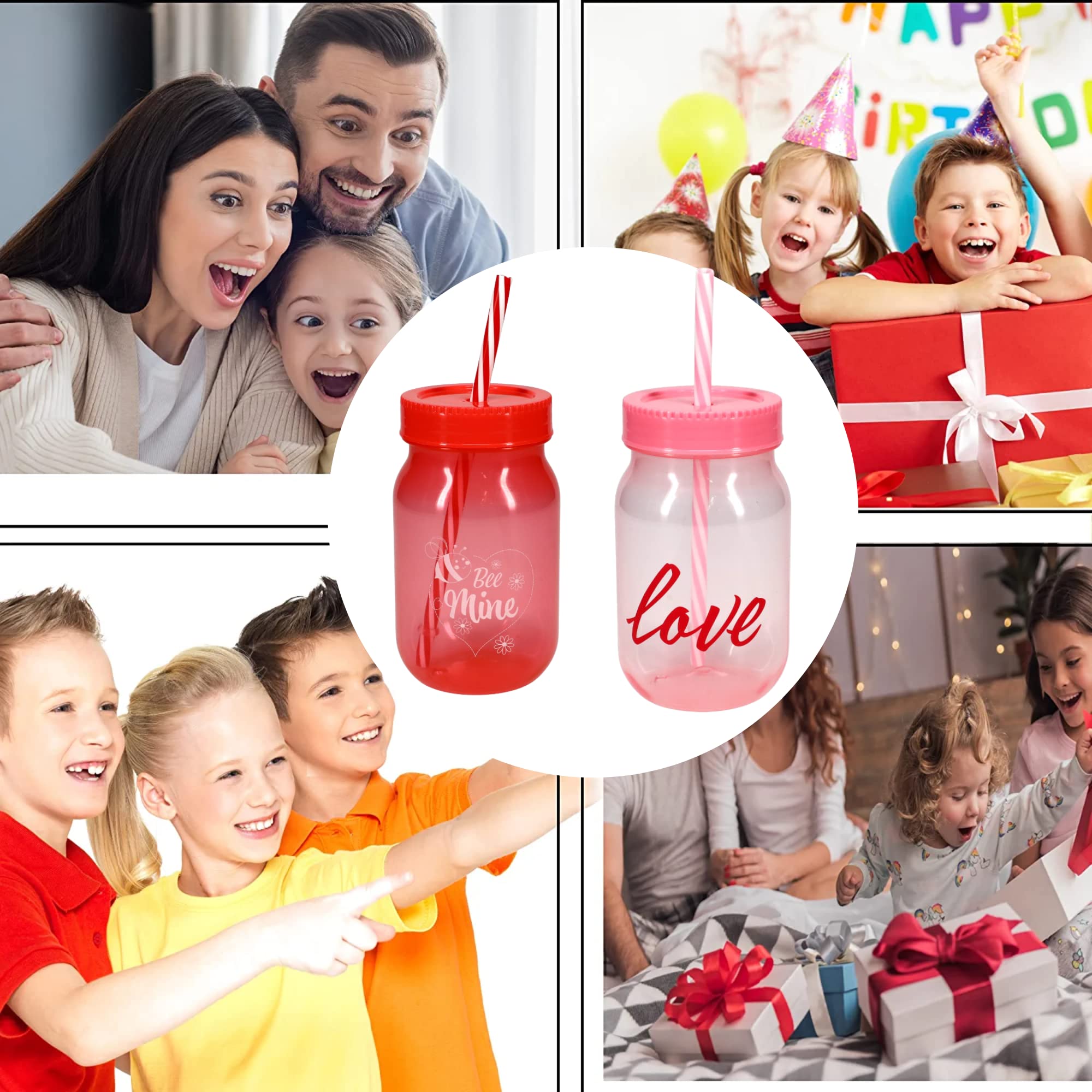 GCM Valentine's Day Plastic Pint Jar Tumbler with Lids & Straw 16oz Red Pink Reusable Cups for Kids Adults Drinking Cup Water Smoothies Juice Bottle Indoor Outdoor Use & Gifts Set of 2 Designs Vary