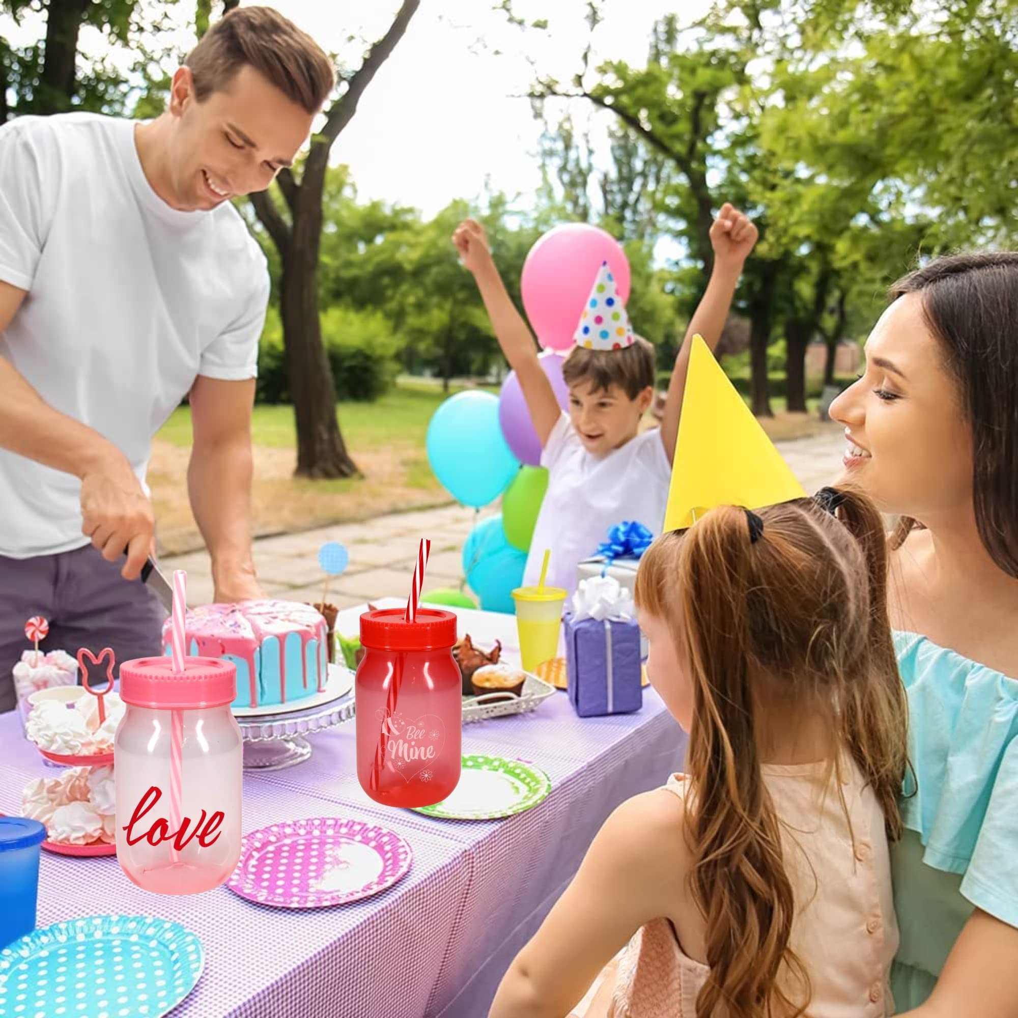 GCM Valentine's Day Plastic Pint Jar Tumbler with Lids & Straw 16oz Red Pink Reusable Cups for Kids Adults Drinking Cup Water Smoothies Juice Bottle Indoor Outdoor Use & Gifts Set of 2 Designs Vary