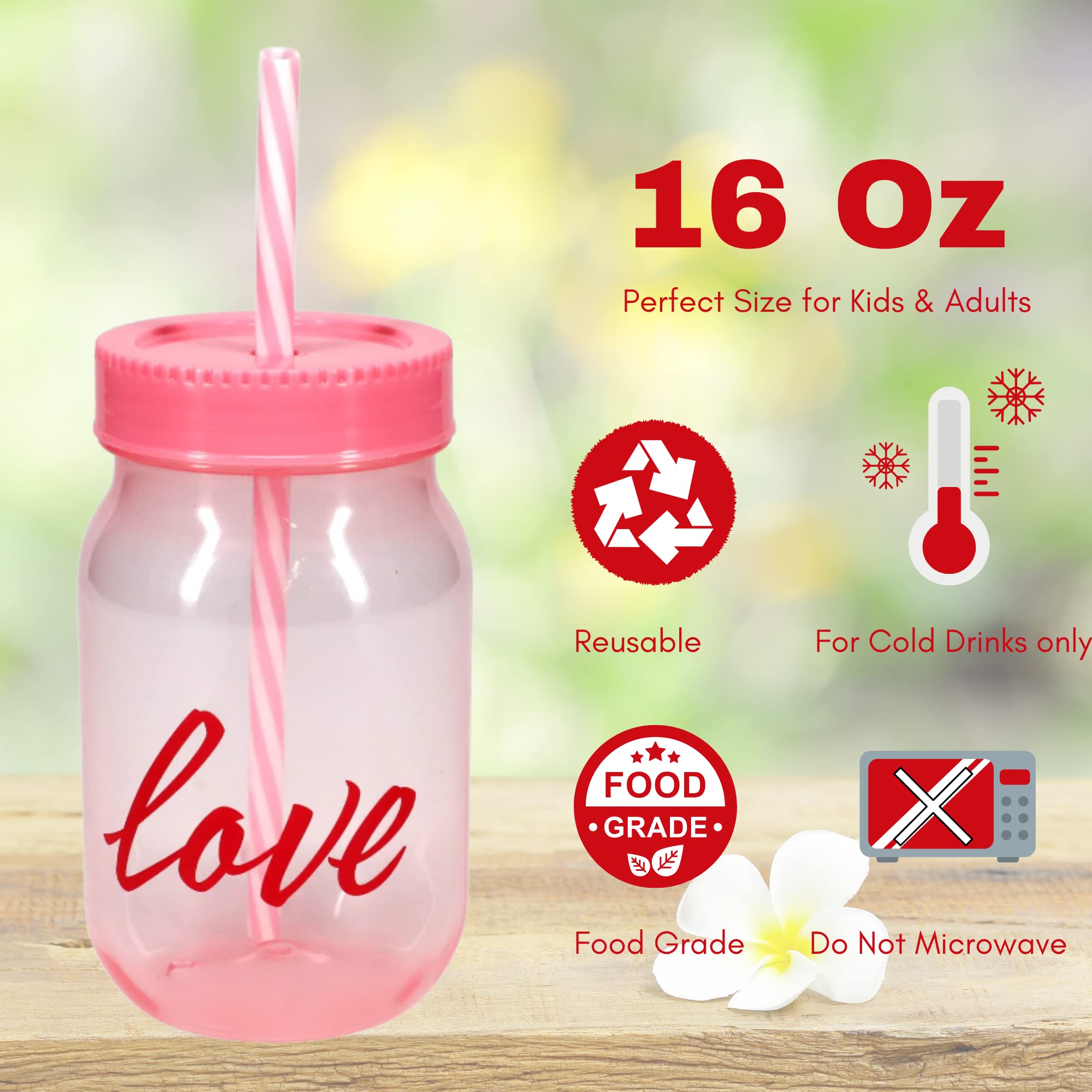 GCM Valentine's Day Plastic Pint Jar Tumbler with Lids & Straw 16oz Red Pink Reusable Cups for Kids Adults Drinking Cup Water Smoothies Juice Bottle Indoor Outdoor Use & Gifts Set of 2 Designs Vary