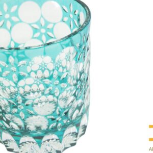 Ohba Glass Old-Fashoned Cut Glass Edo Kiriko, Japanese Traditional Craft in Gift Box Kaleidoscope (Green/Amber)