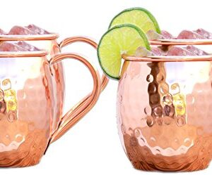 PARIJAT HANDICRAFT Moscow Mule Copper Mugs 16 Oz Copper Moscow Mule Mugs Solid Copper Hammered Mug Copper Cups for Moscow Mules Set of 4