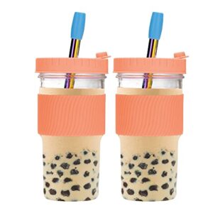 2 Pack Reusable Bubble Tea Cup , 22Oz Wide Mouth Smoothie Cups with Bamboo Lid, Silicone Sleeve & Angled Wide Straws, Leakproof Glass Mason Jars Iced Coffee Glasse Cup for Iced Coffee，Soda(Pink)