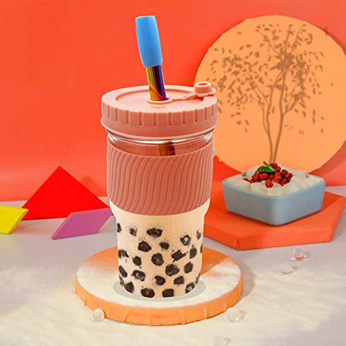 2 Pack Reusable Bubble Tea Cup , 22Oz Wide Mouth Smoothie Cups with Bamboo Lid, Silicone Sleeve & Angled Wide Straws, Leakproof Glass Mason Jars Iced Coffee Glasse Cup for Iced Coffee，Soda(Pink)