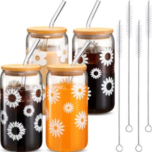 4 pcs iced coffee cup with bamboo lids and straws 16 oz flower beer can butterfly can shaped glasses cup thank you gift cup mother's day, birthday gift for social worker women mom girl(flower)