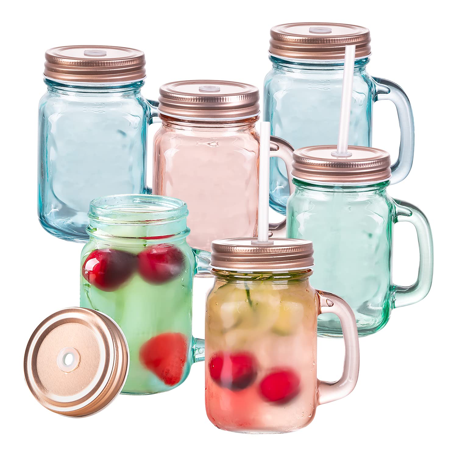 SUNNOW Vastto 6 Pack 15 Ounce Chromatic Engraved Glass Jar Mug with Handle and Straw