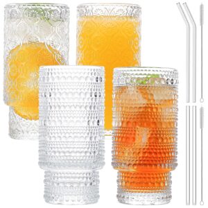 wisimmall vintage drinking glasses set of 4 with straw 12oz aesthetic highball glasses stackable drinking glasses iced coffee cups for cocktail, whiskey, beer, juice, water
