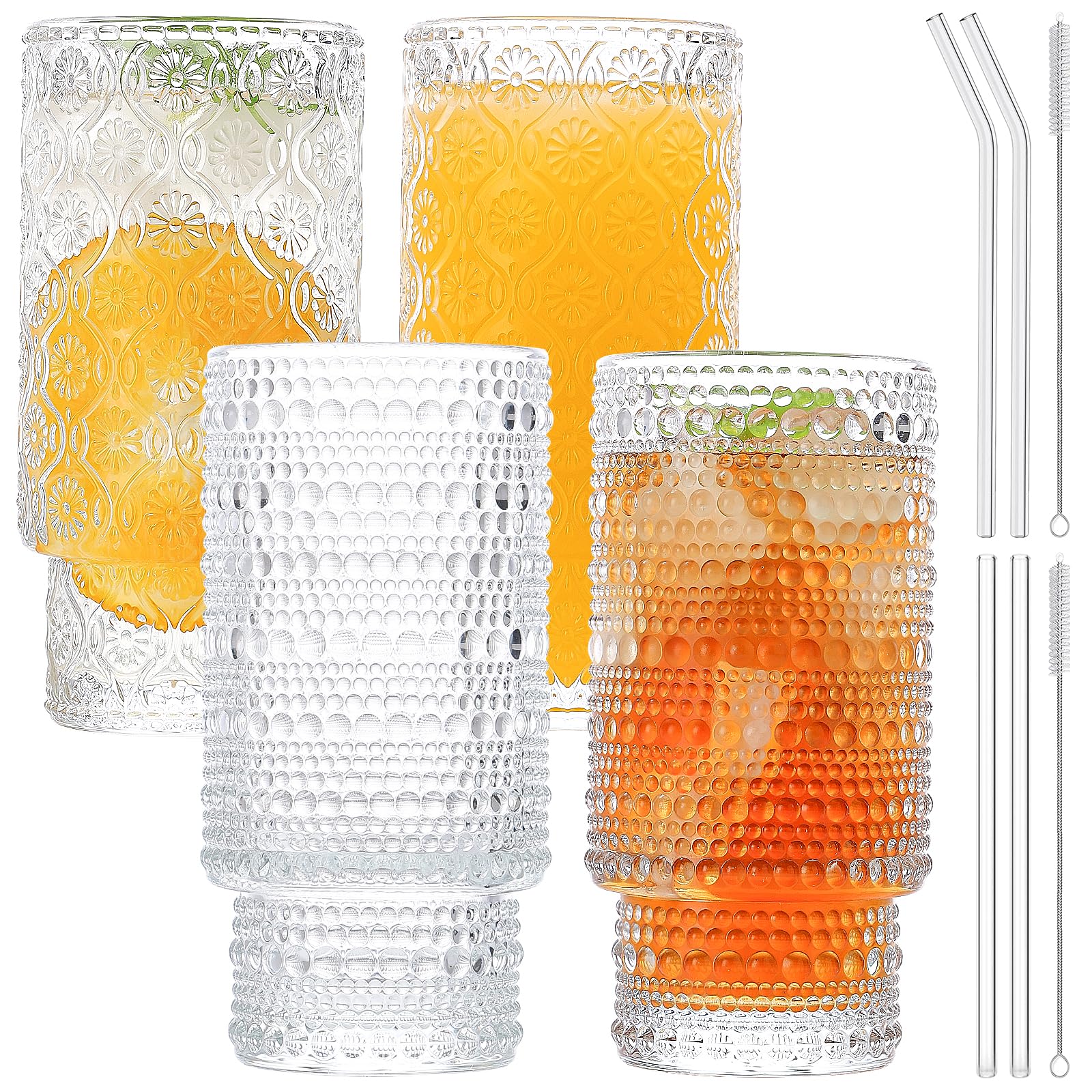 WISIMMALL Vintage Drinking Glasses Set of 4 with Straw 12OZ Aesthetic Highball Glasses Stackable Drinking Glasses Iced Coffee Cups for Cocktail, Whiskey, Beer, Juice, Water