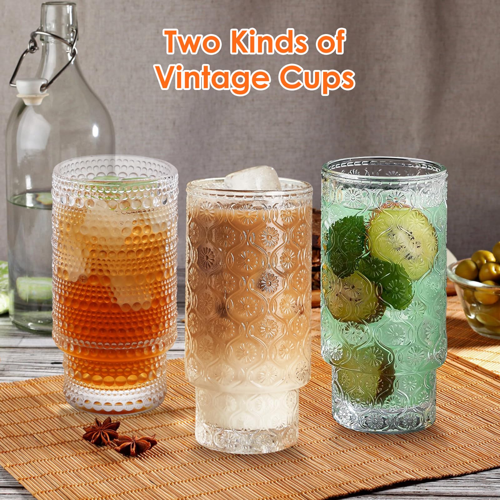 WISIMMALL Vintage Drinking Glasses Set of 4 with Straw 12OZ Aesthetic Highball Glasses Stackable Drinking Glasses Iced Coffee Cups for Cocktail, Whiskey, Beer, Juice, Water