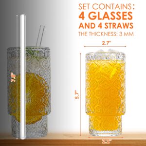 WISIMMALL Vintage Drinking Glasses Set of 4 with Straw 12OZ Aesthetic Highball Glasses Stackable Drinking Glasses Iced Coffee Cups for Cocktail, Whiskey, Beer, Juice, Water