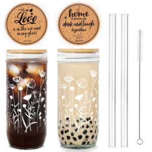 anotion floral coffee cups, mason jars with lids and straws glass cups with wildflower bamboo lid iced coffee cups tumbler drinking glasses travel coffee mug gift for women sister mom